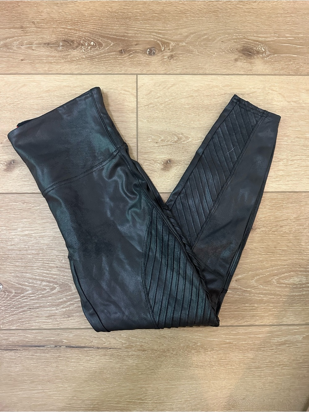 SPANX Black Faux Leather Quilted Moto Leggings